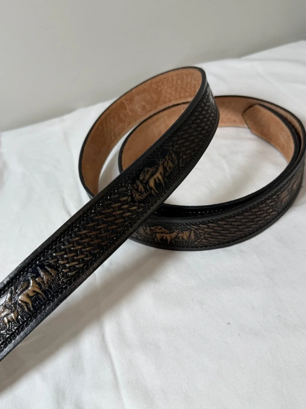 Western Full Grain Cowhide Leather 69W Oversized Tooled Black Brown Animal Belt